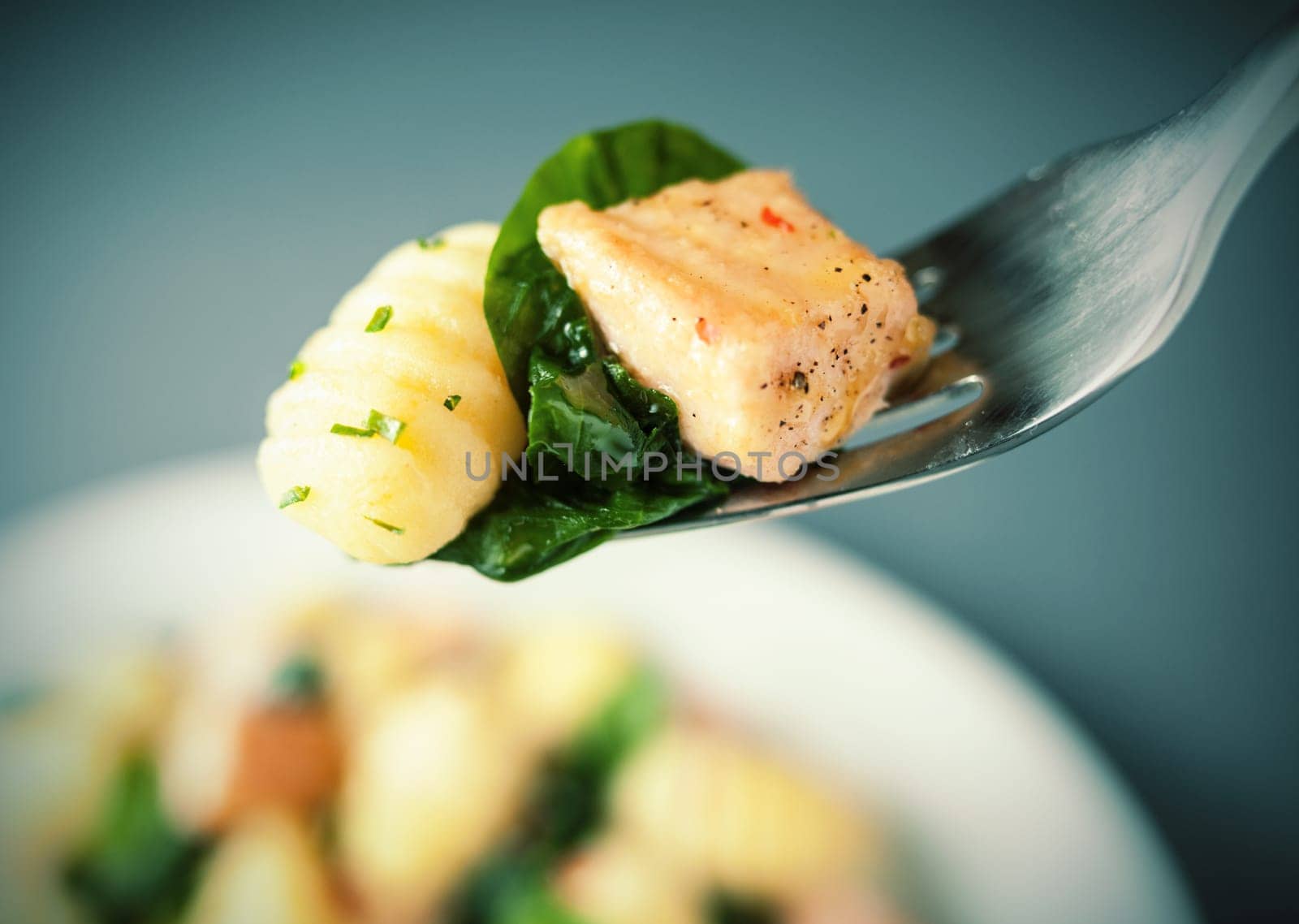 Forkful of grilled salmon, Italian gnocchi and basil seasoned with herbs and spices suspended above the plate with selective focus