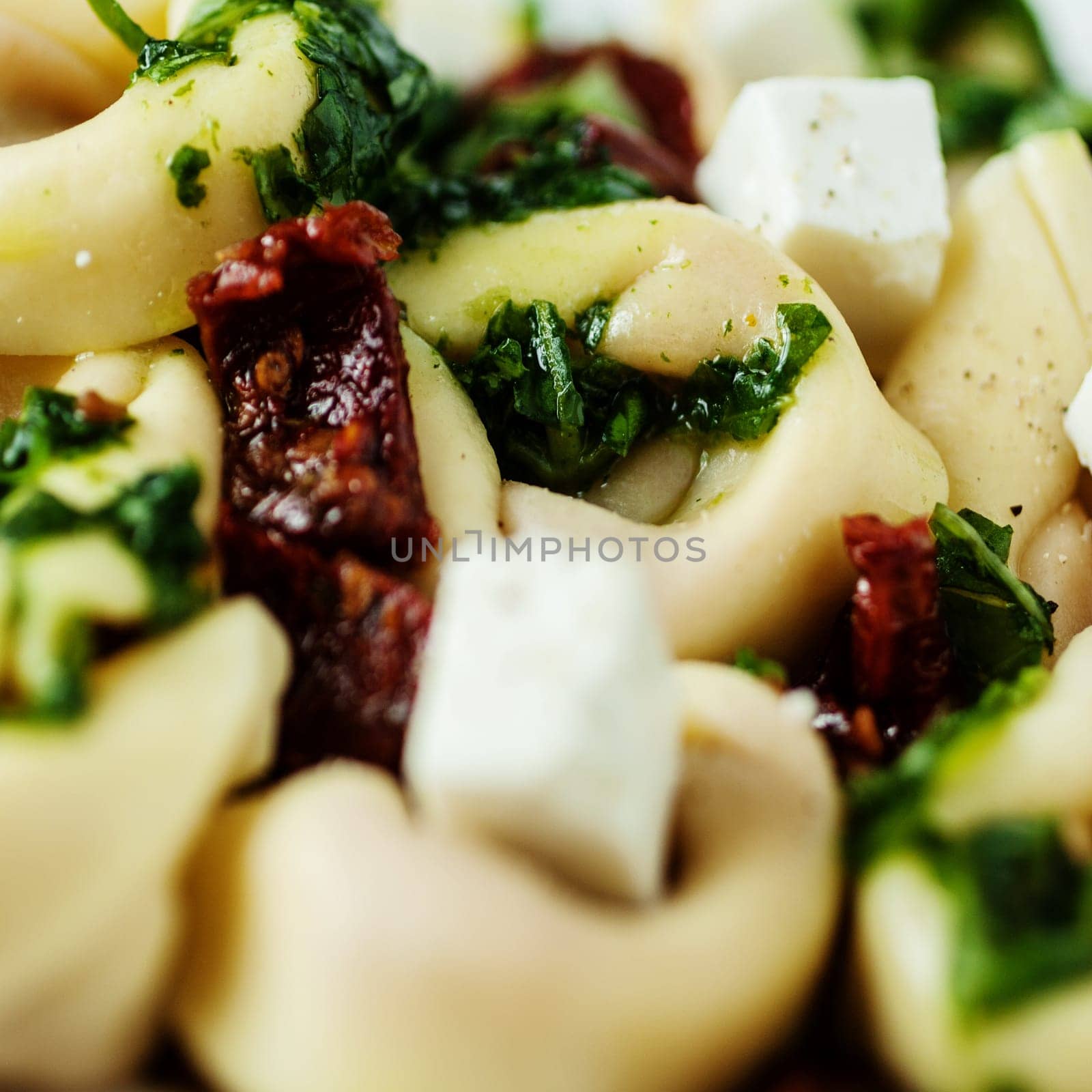 Tasty Italian cuisine with a close up view of stuffed tortellini pasta with feta and basil pesto in square format
