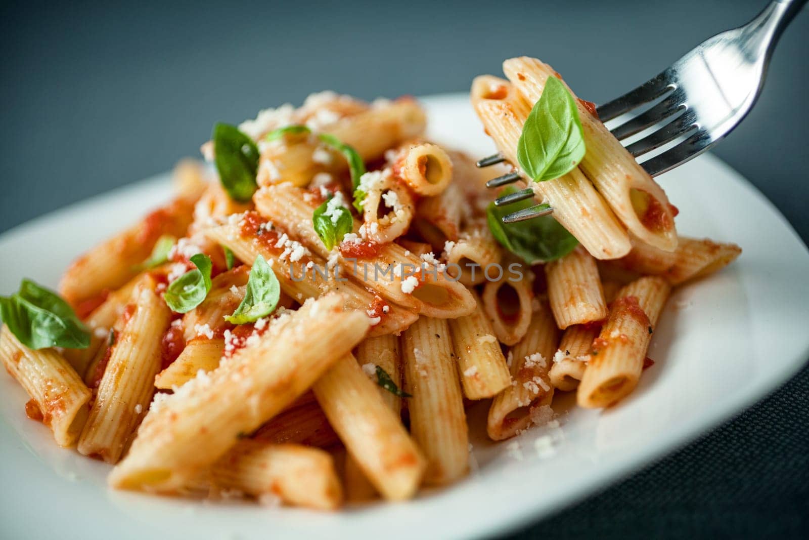 Penne pasta with a spicy sauce, basil and grated parmesan cheese with a forkful of pasta suspended above the plate with focus to the fork