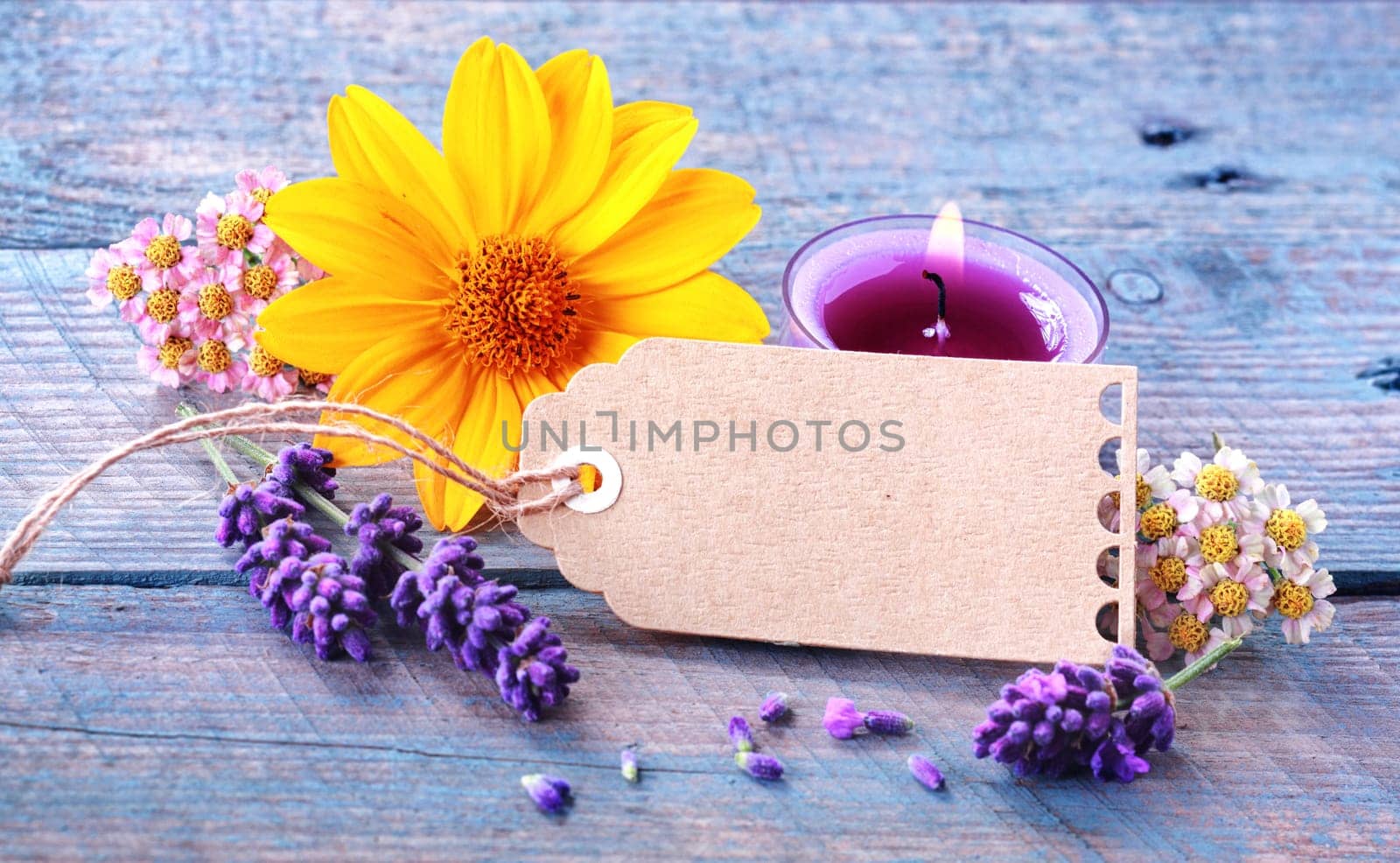 Fresh floral wellness and spa still life with spikes of scented lavender, dainty blosoms and a colourful yellow gerbera surrounding a blank gift tag with copyspace and a burning aromatherapy candle