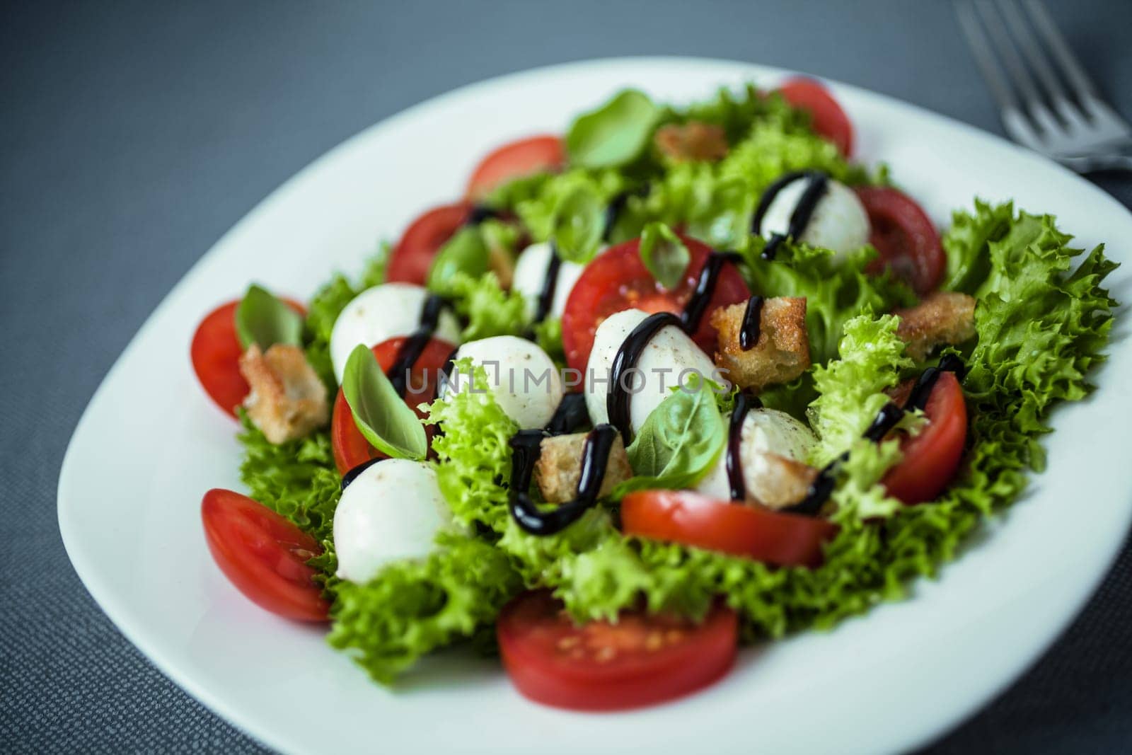 Italian salad with mozzarella pearls, tomato, crunchy croutons and lettuce drizzled with sauce or dressing, close up high angle view