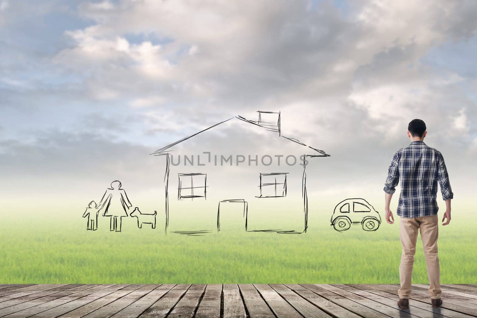 Asian man against the drawing house and family over grassland.