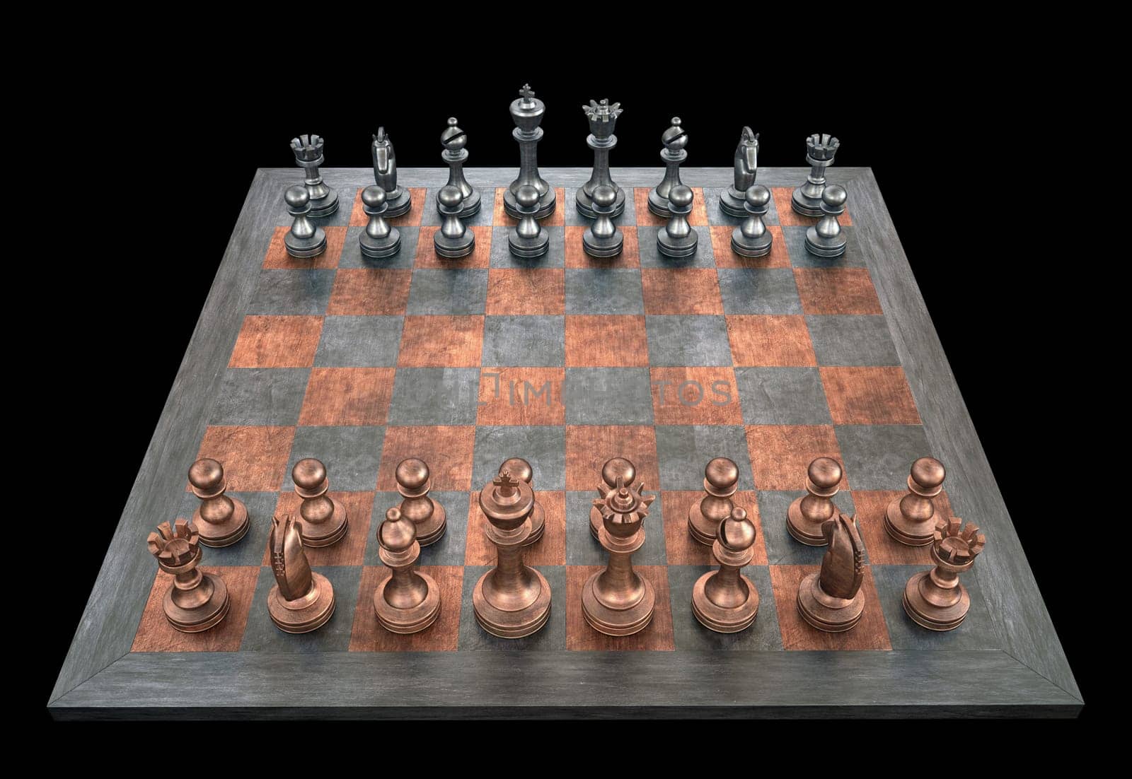 Chessboard with pieces of metal. Clipping path included.