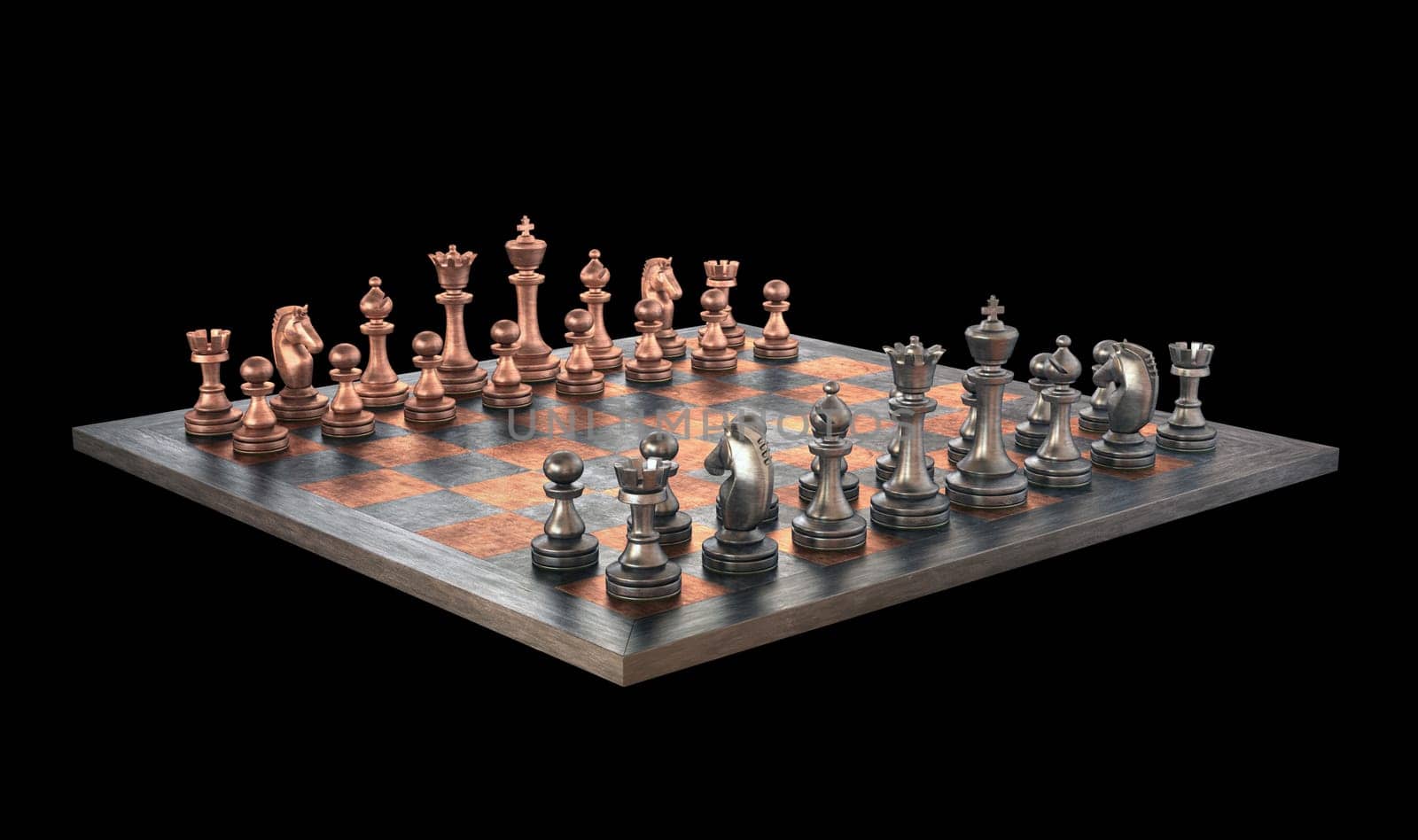 Chessboard with pieces of metal. Clipping path included.