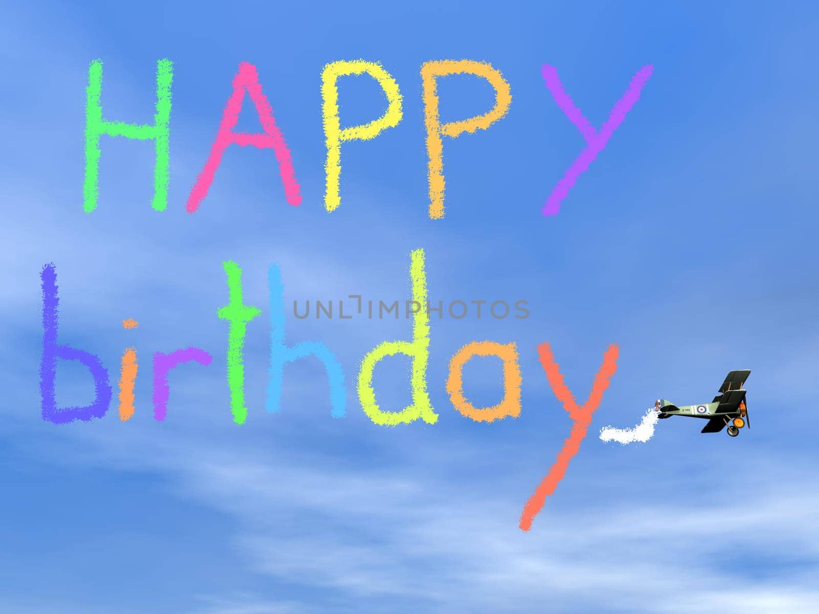 Colorful happy birthday message from biplan smoke in blue sky - 3D render