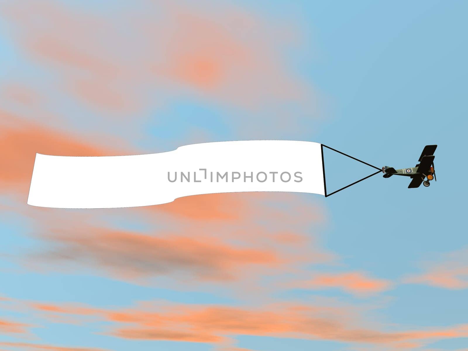 Biplane aircraft pulling advertisement banner in colorful sunset sky - 3D render