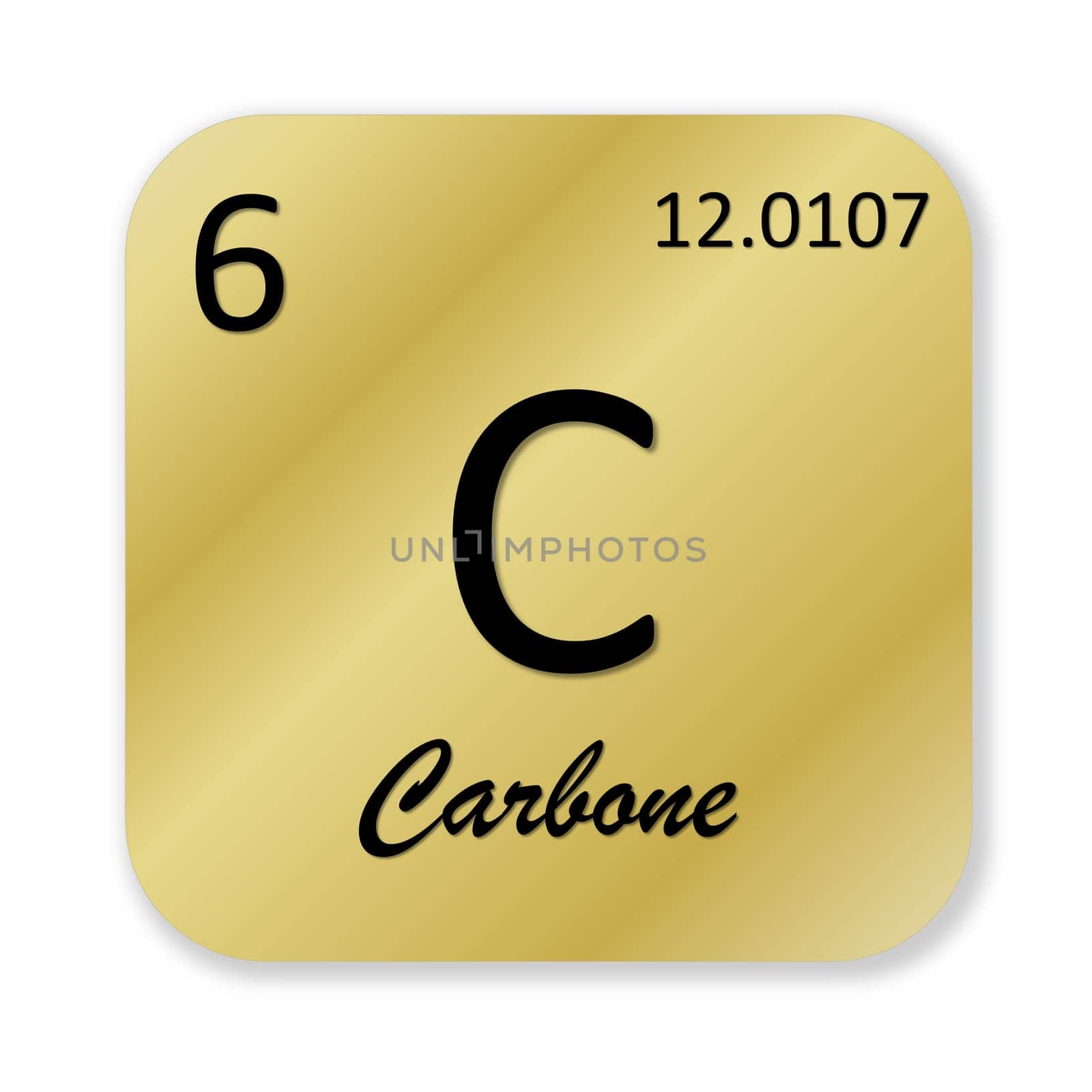 Black carbon element, french carbone, into golden square shape isolated in white background