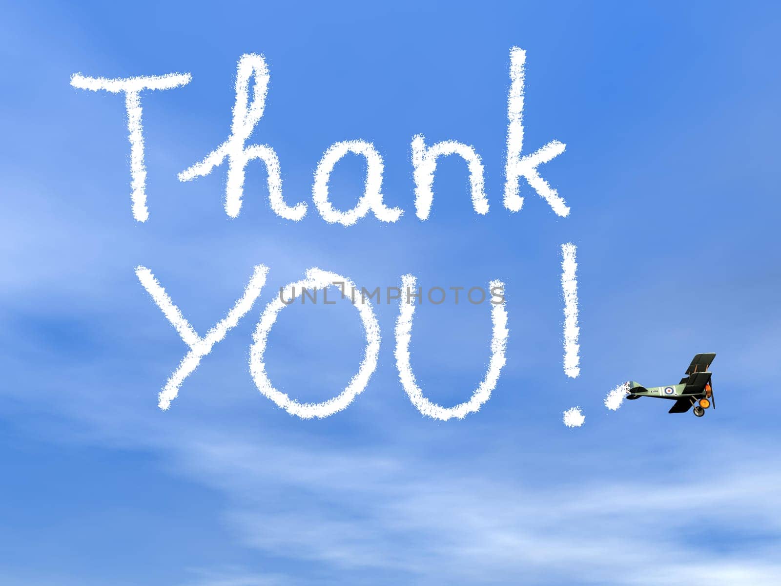 Thank you message from biplan smoke in blue sky - 3D render