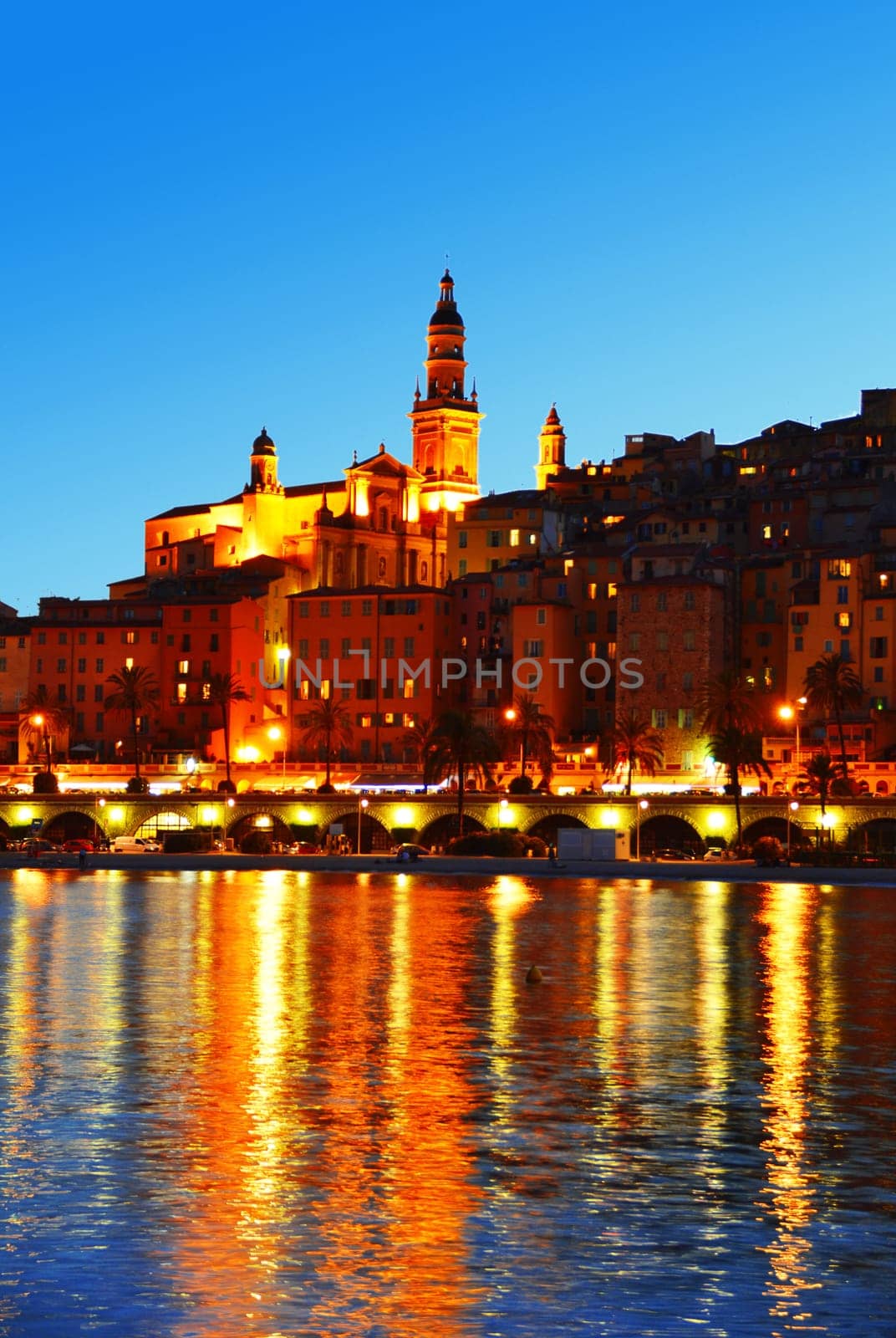 City of Menton by night. French Riviera.