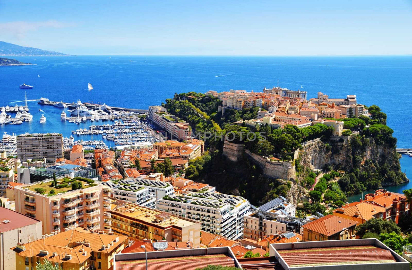 View of the harbor and Prince's Palace of Monaco on French Riviera. House of Grimaldi