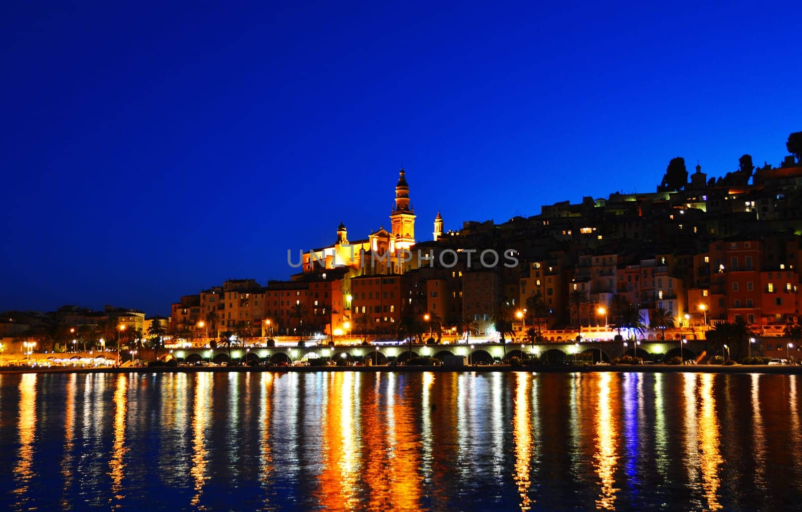 City of Menton by night. French Riviera.
