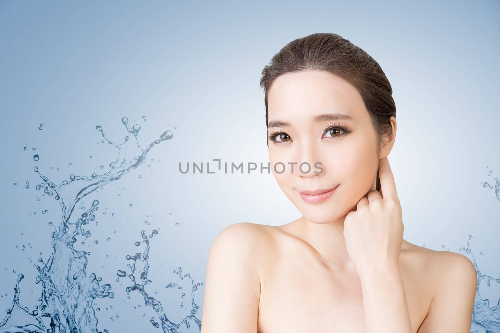 Asian beauty face with water, closeup portrait with clean and fresh elegant lady.