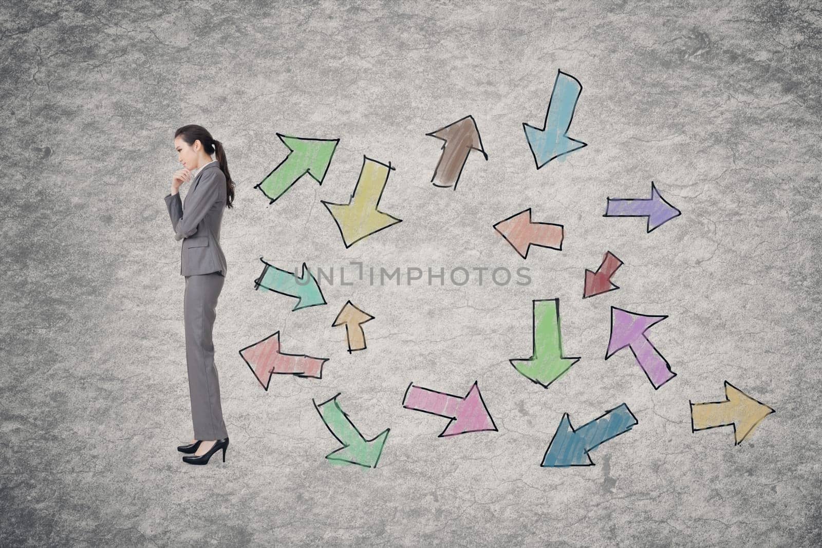 Confused concept with Asian business woman thinking with hand drawing graphic behind her.