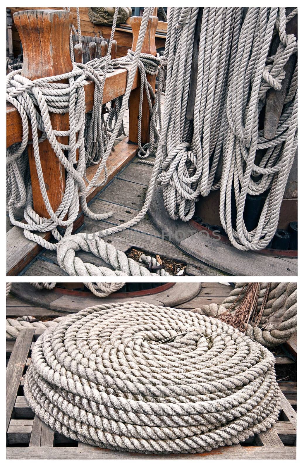 Ropes on the deck, naval collage on yachting