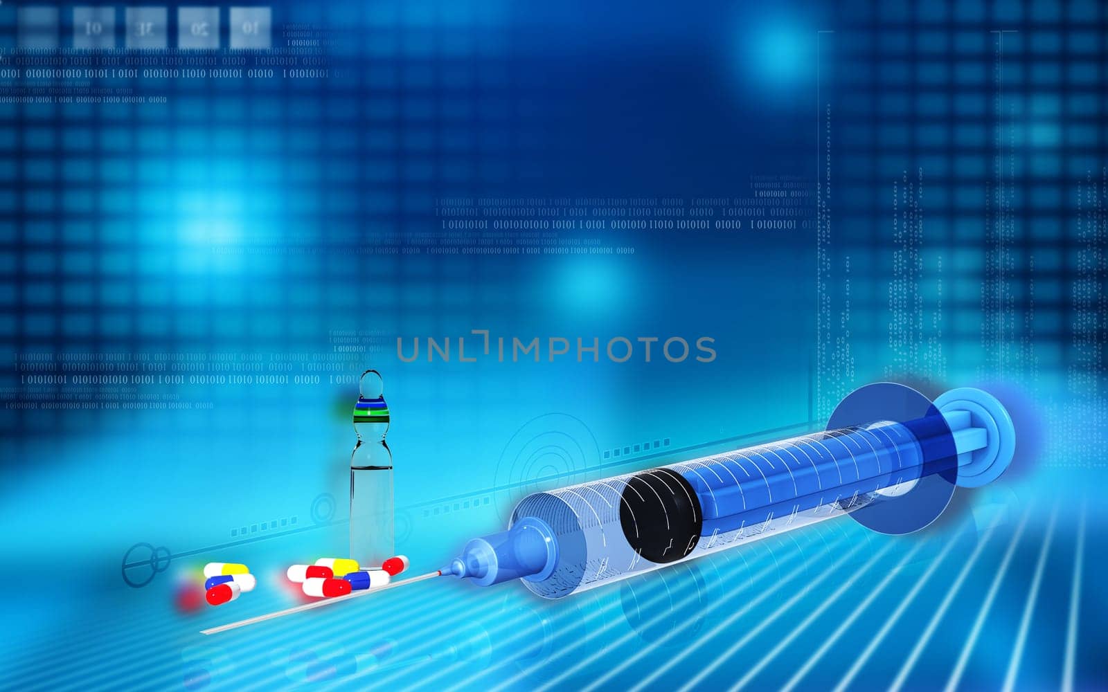 Digital illustration of syringe in colour background