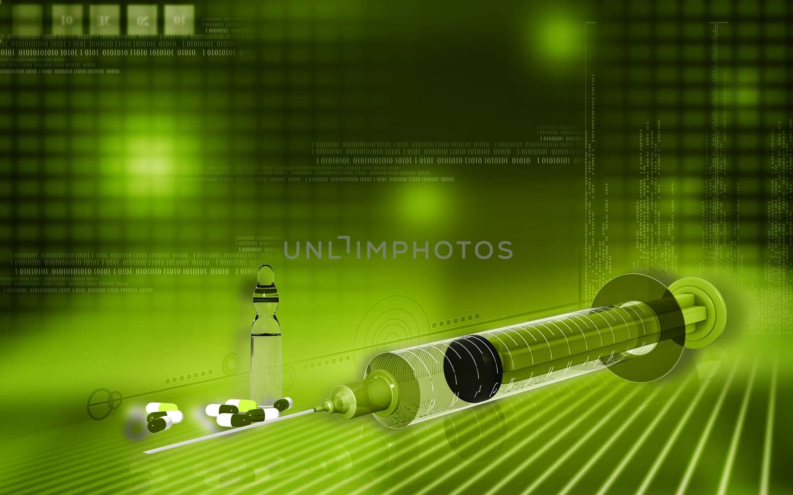 Digital illustration of syringe in colour background