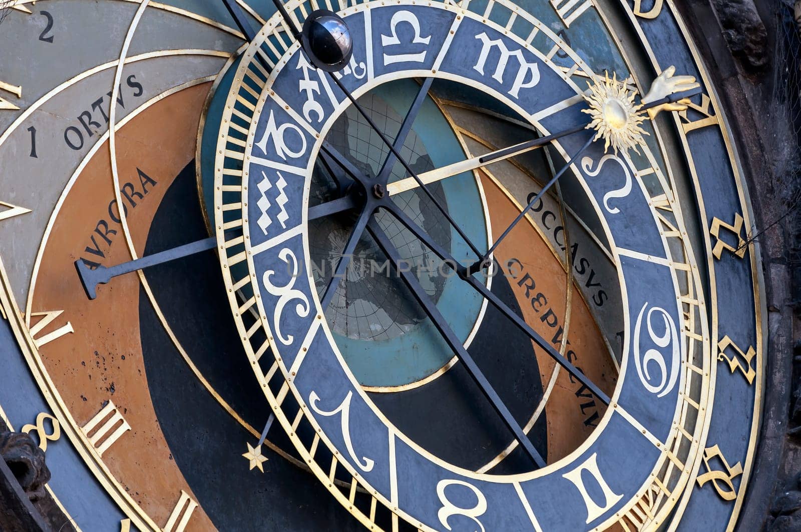 Close up view of the astronomical clock of Prague, Czech Republic.