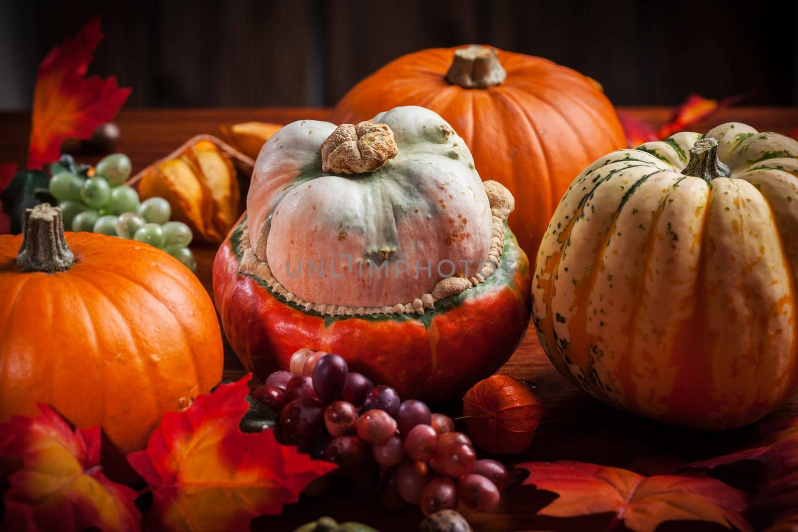 Traditional pumpkins for Thanksgiving and Halloween in warm colors