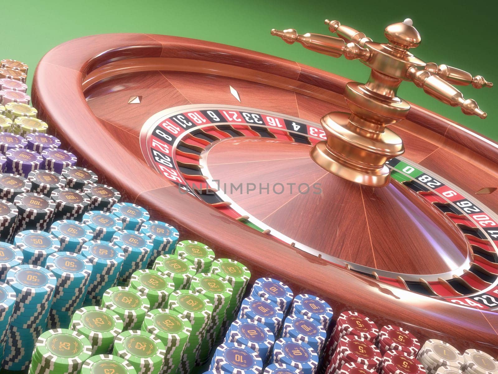 Colored casino chips arranged around the roulette.