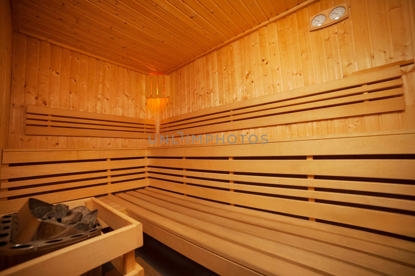 Interior of wooden sauna bath
