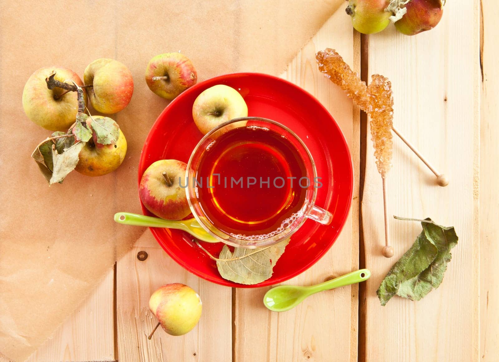 Organic fruechtetee with apple in glass cup