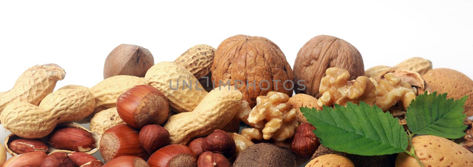 Festive banner of mixed whole fresh nuts in their shells including almonds, hazelnuts, brazil nuts, peanuts and walnuts both shelled and whole with green leaves on white with copyspace, closeup view