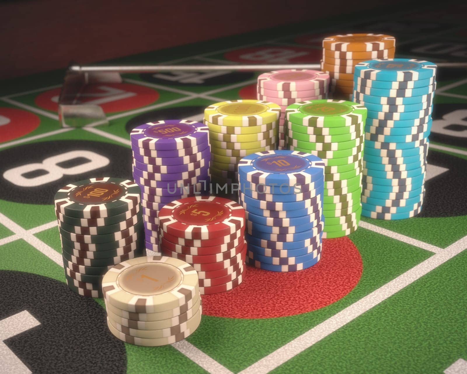 Colorful chips on a green table. Depth of field on some chips. Clipping path on the chips.