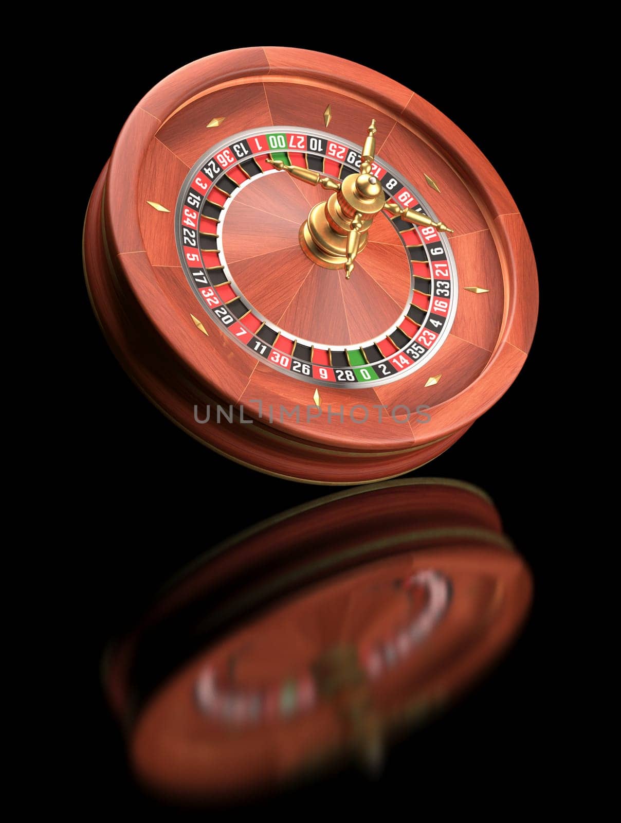 Roulette casino on black reflective background. Clipping path included.