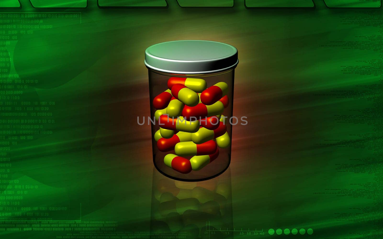 Digital illustration of capsule bottle in colour background