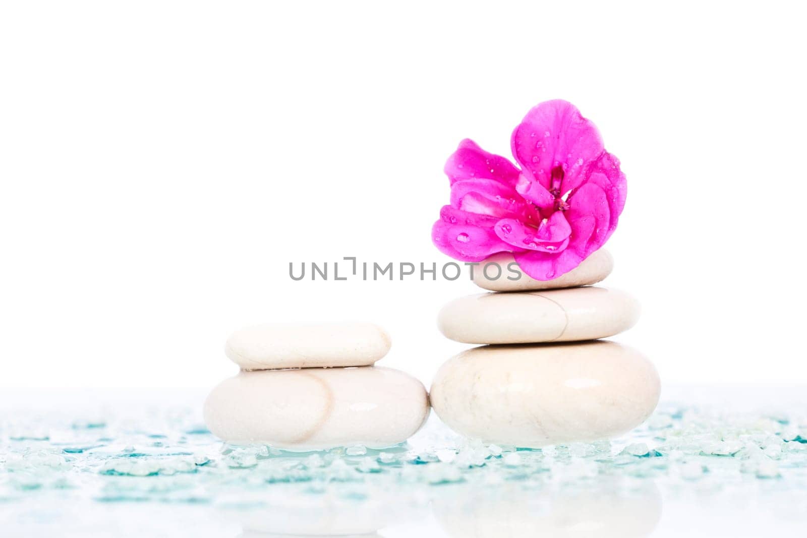Spa stones and pink flower on white background