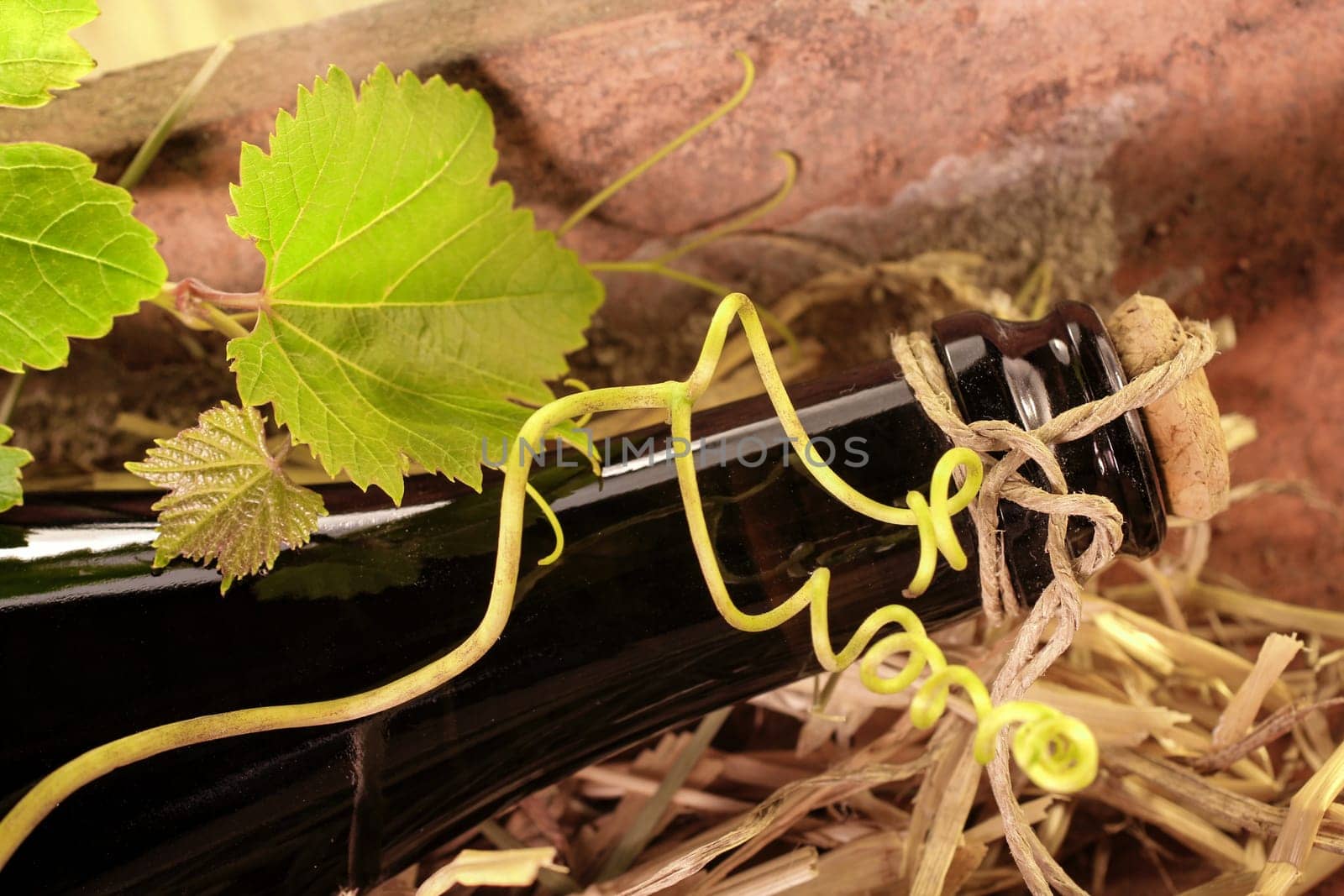Wine bottle in clay brick with vine leaves