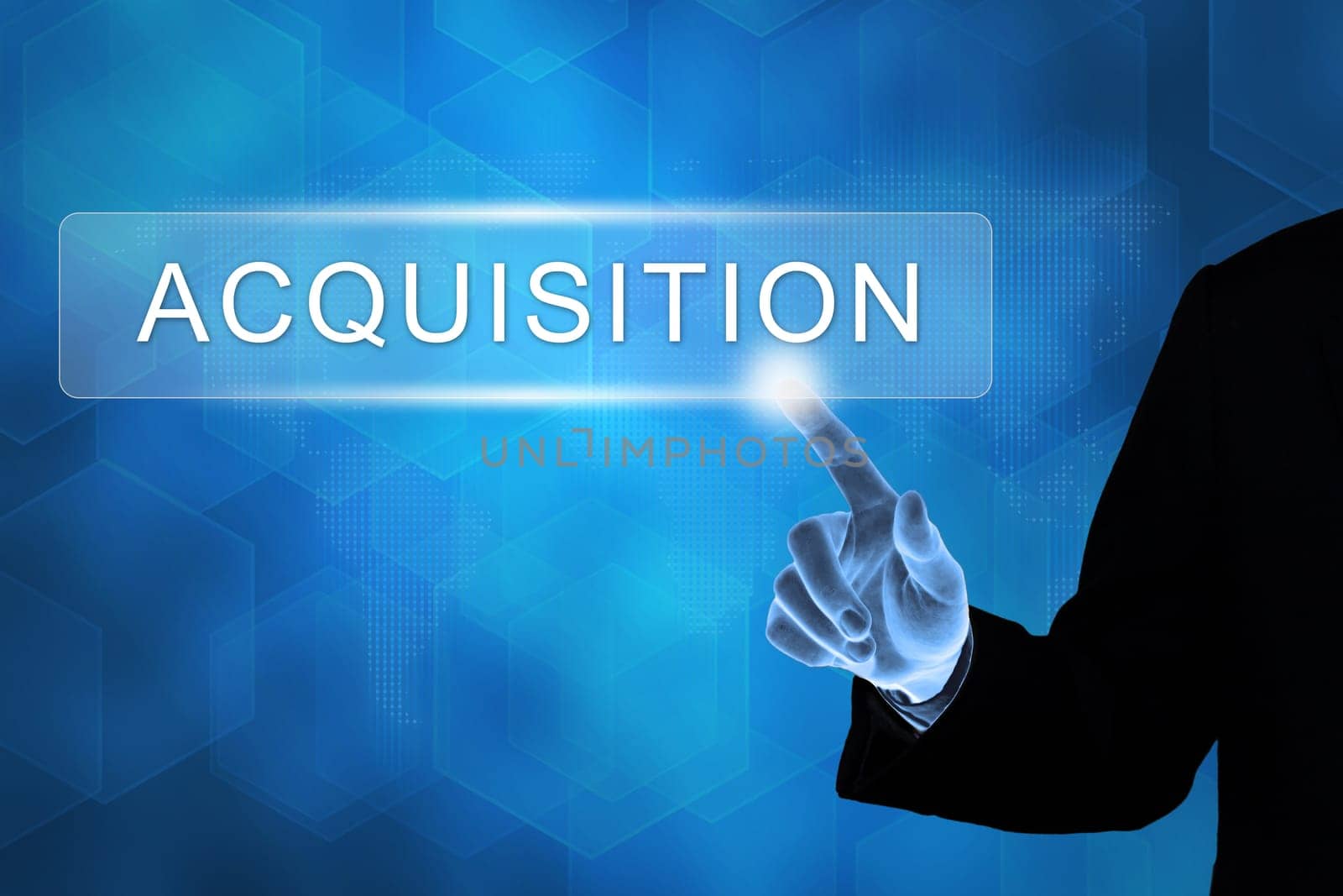business hand touching acquisition button on a touch screen interface