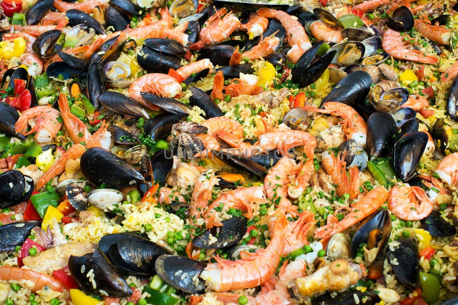 Paella with Shrimp and Clams close up background