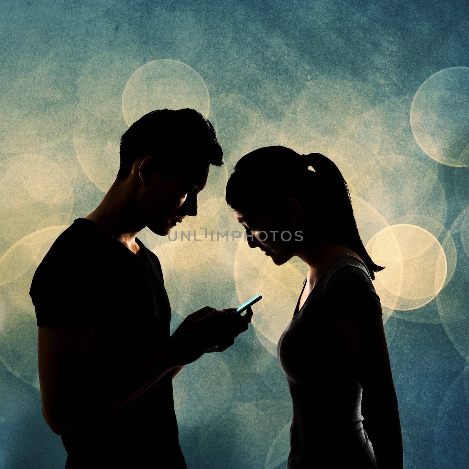 Couple using cellphone, silhouette portrait.