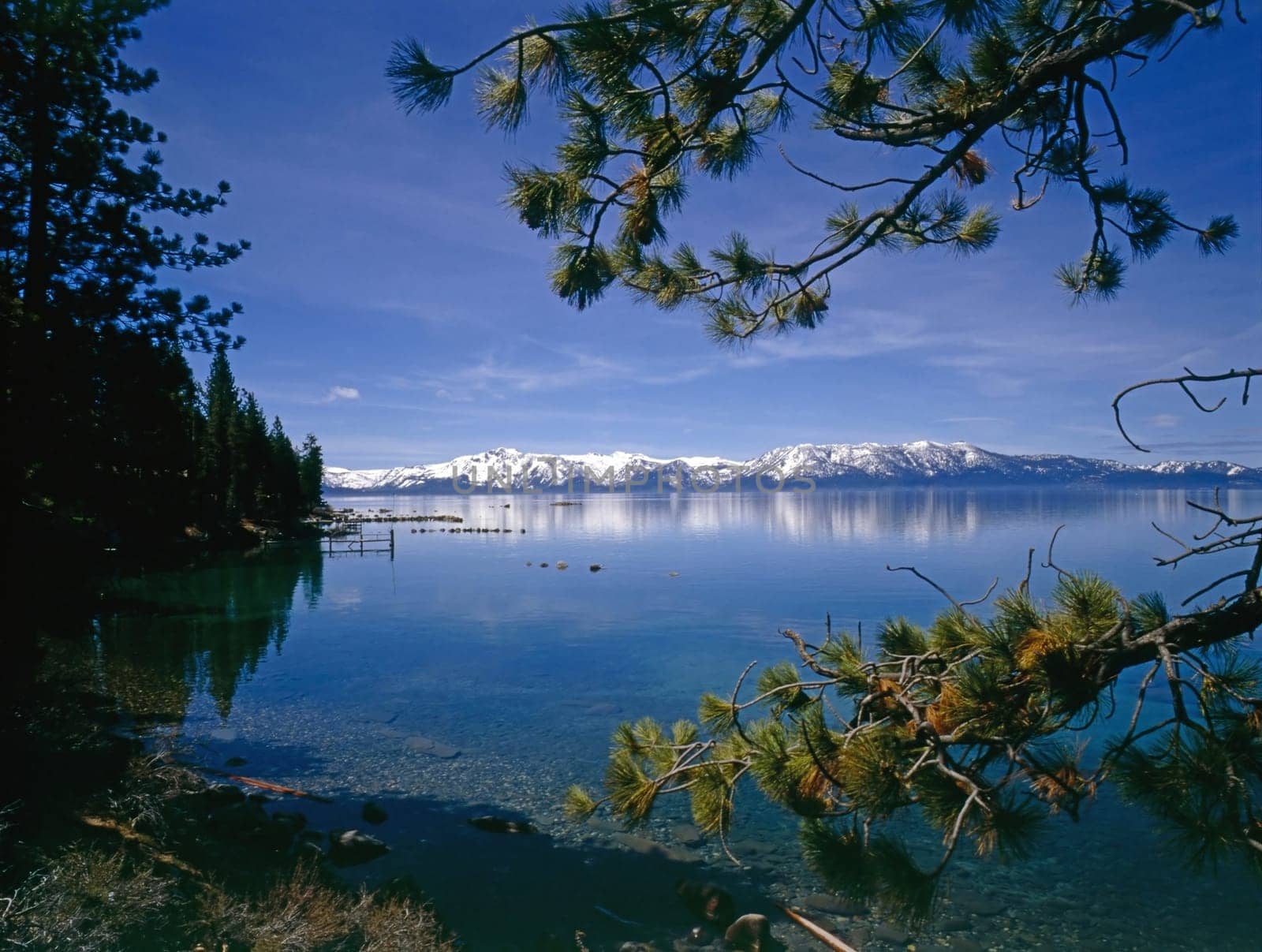 Lake Tahoe with snowy peaks in California