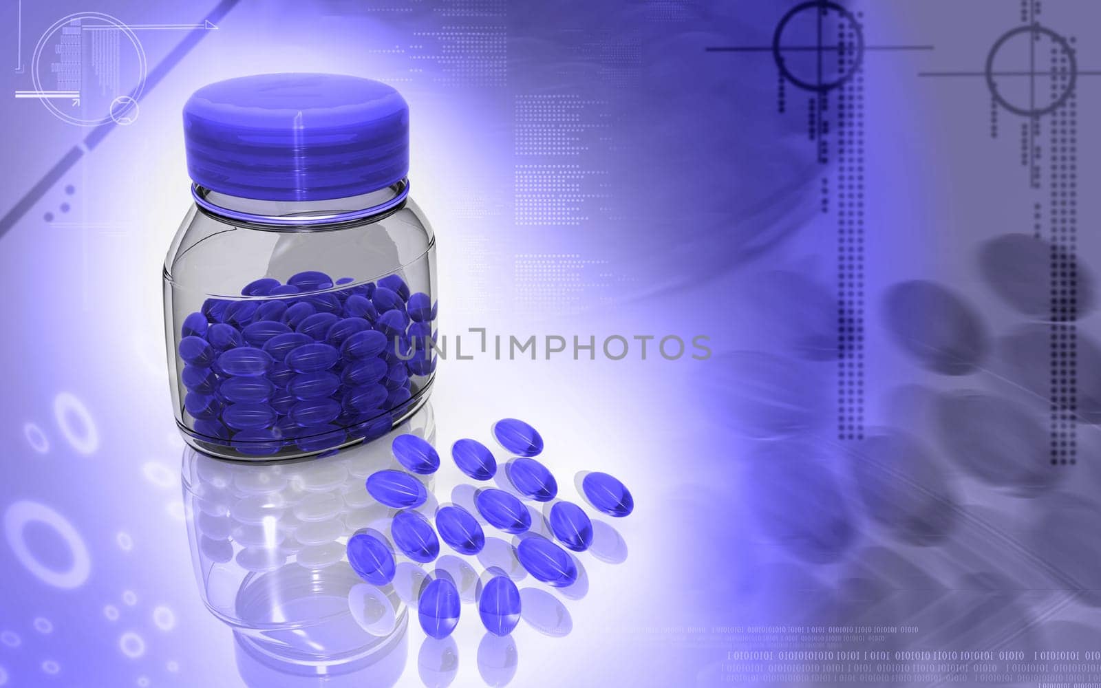 Digital illustration of capsule bottle in colour background