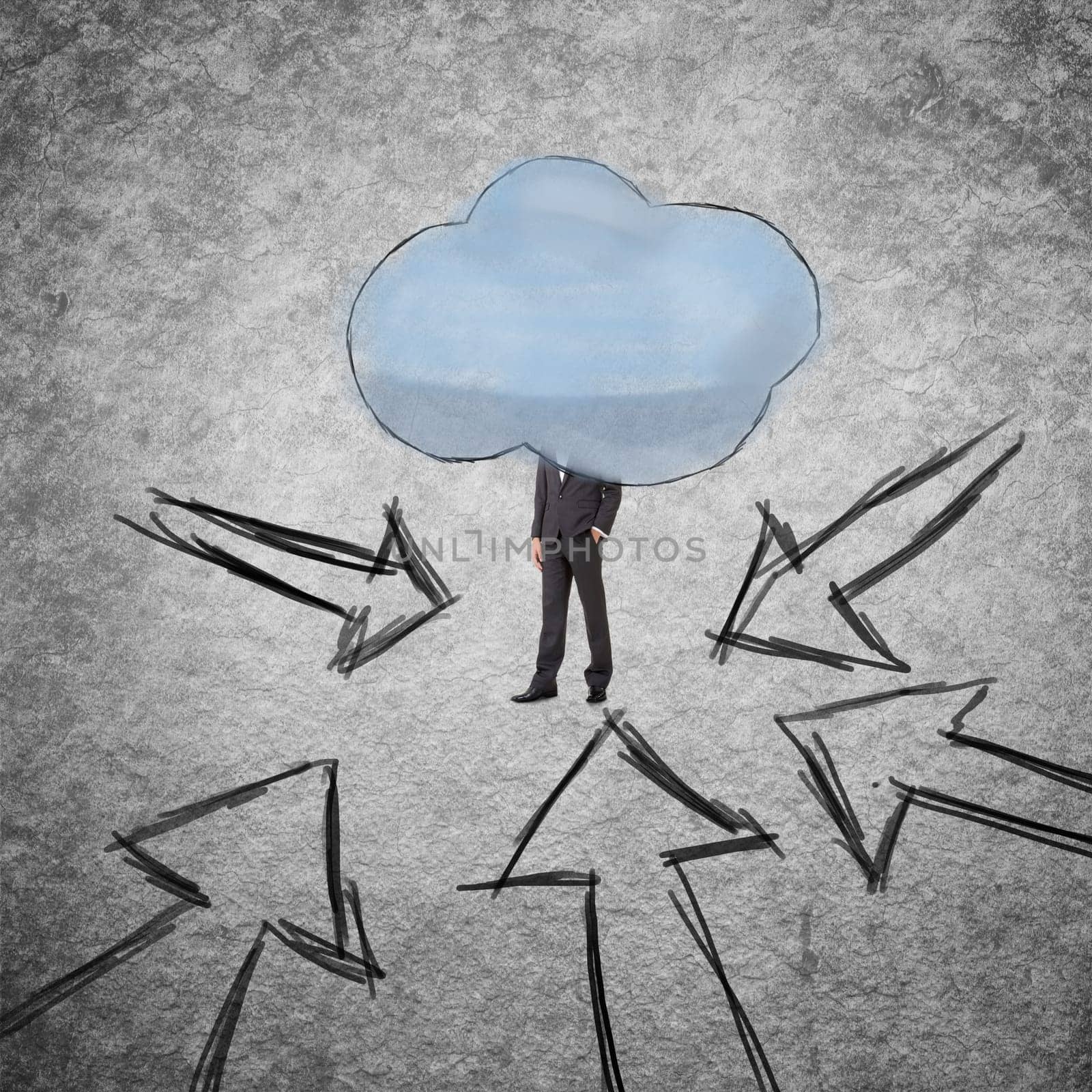 Young businessman with head behind the clouds.