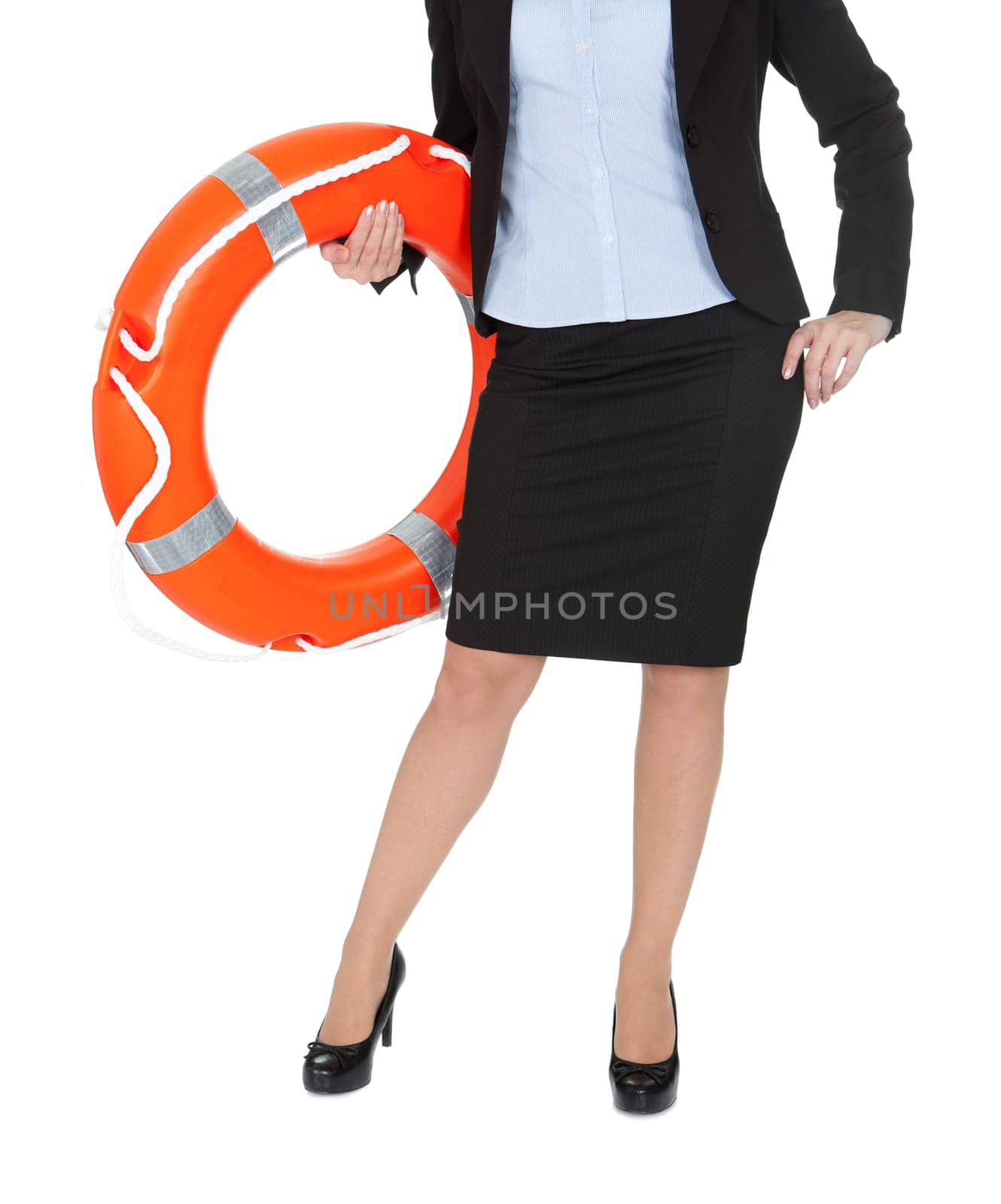Beautiful businesswoman with life buoy. Isolated on white