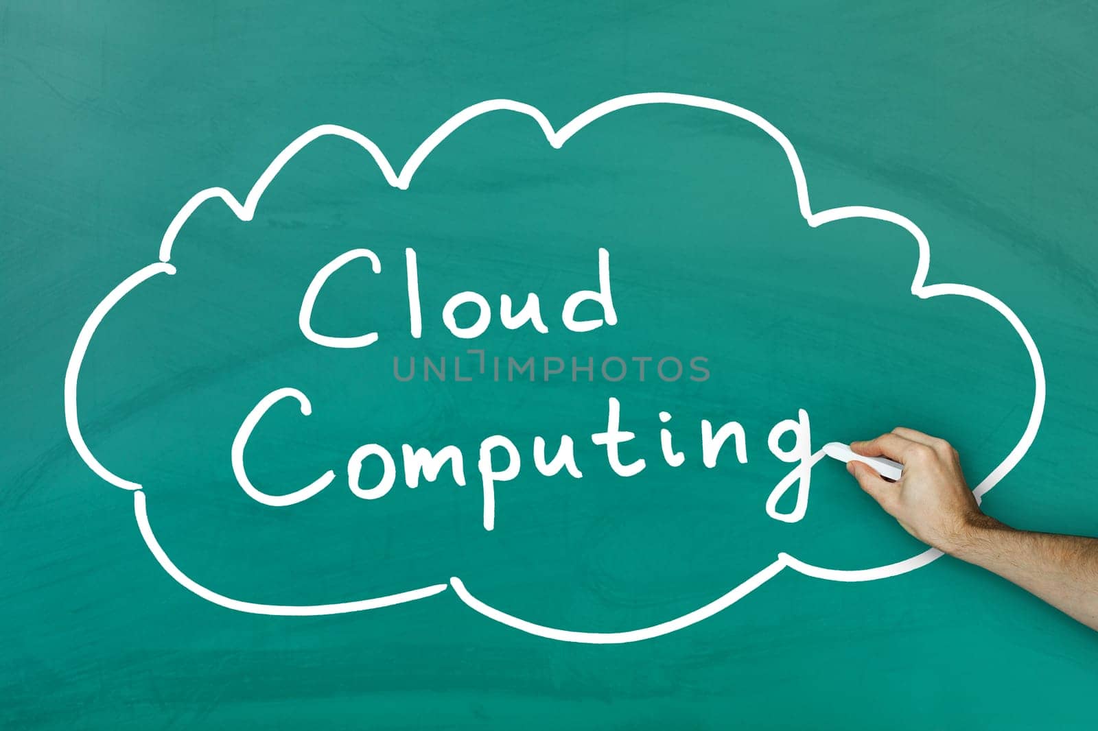 Hand holding chalk drawing cloud computing concept on green blackboard