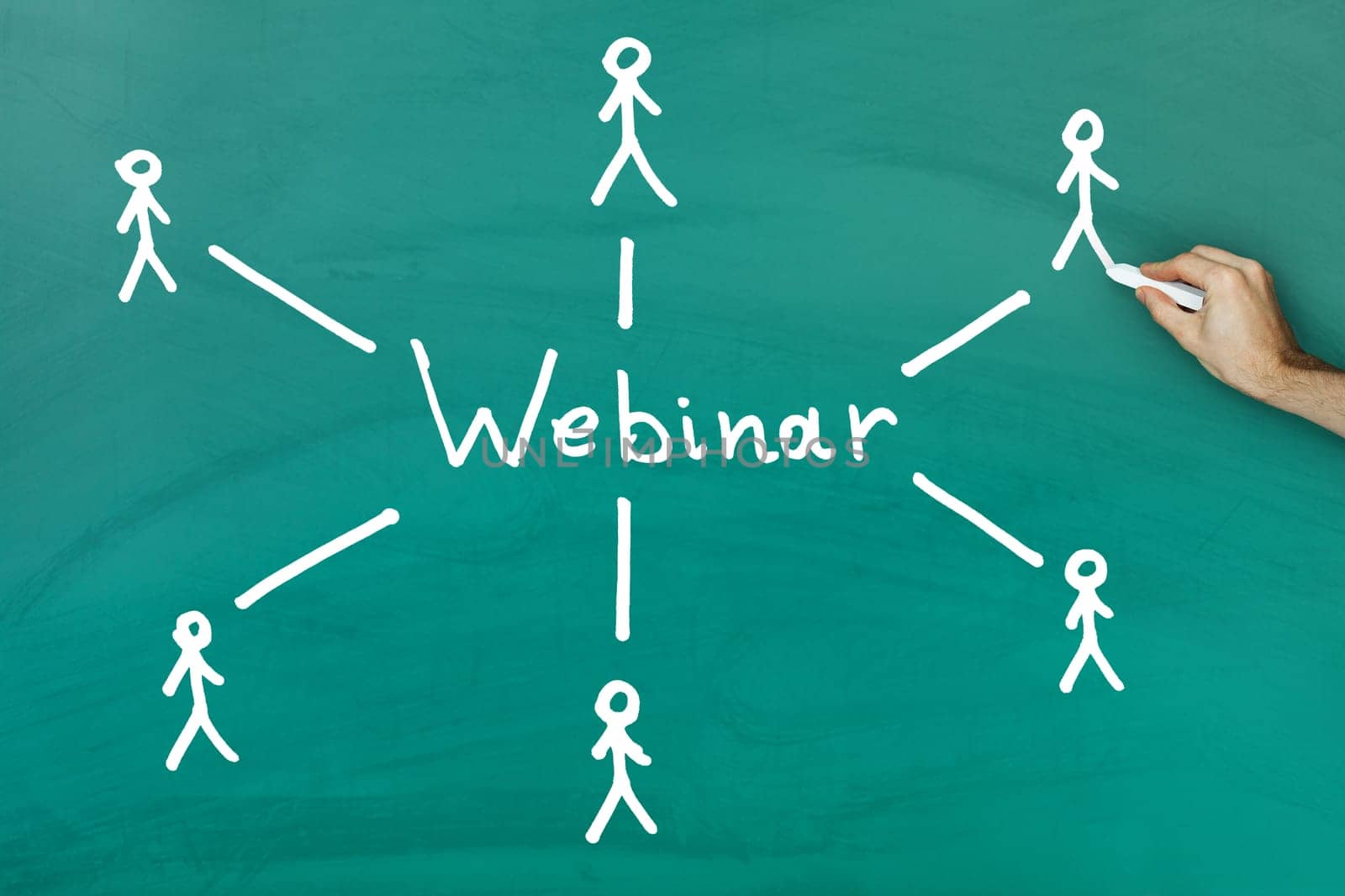 Hand holding chalk drawing webinar concept on green blackboard