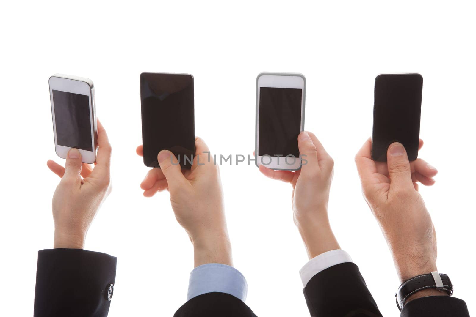 Close Up Of Human Hand Holding Cell Phone Over White Background