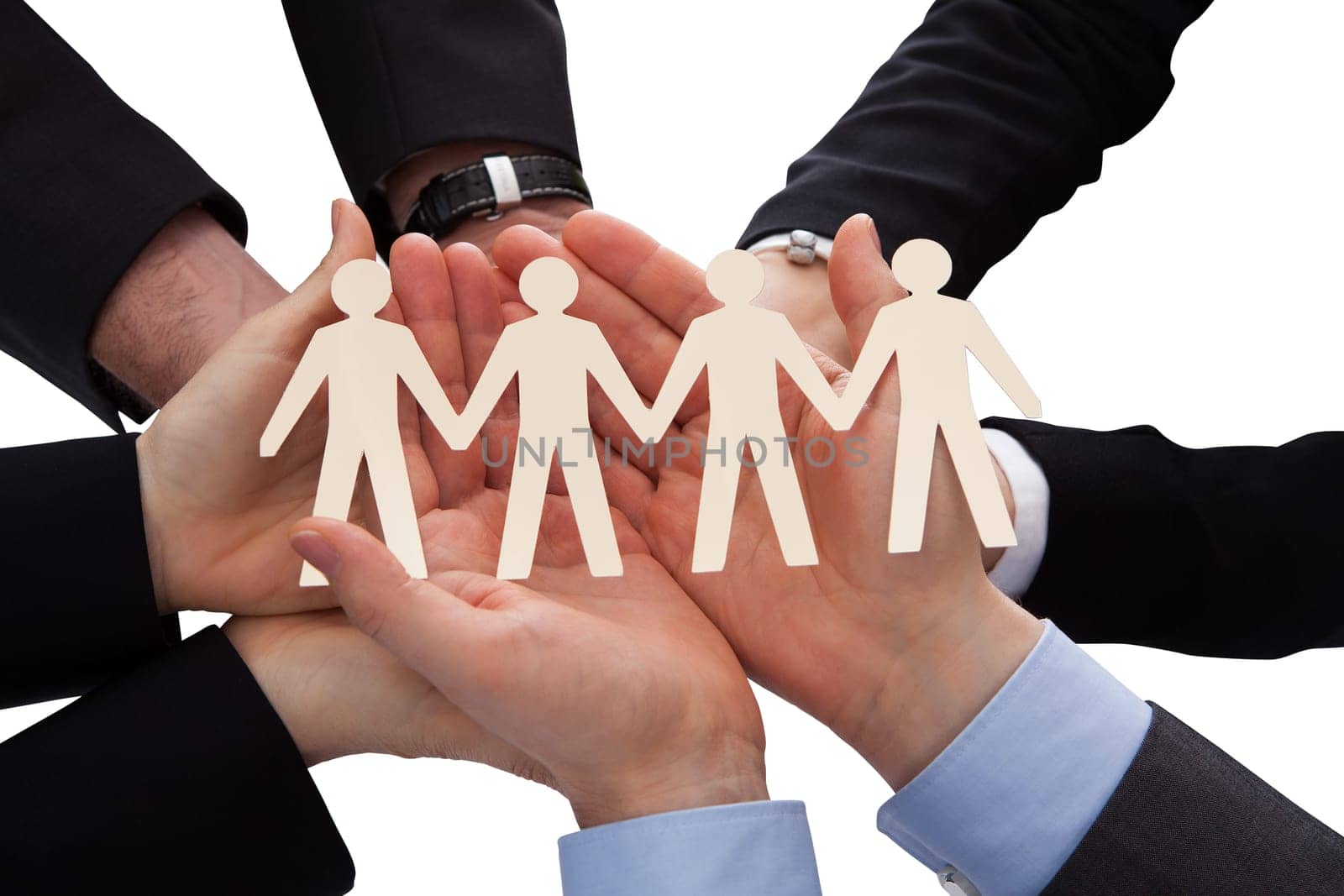 Close Up Businesspeople Holding  Human Figure Cutout Over White Background