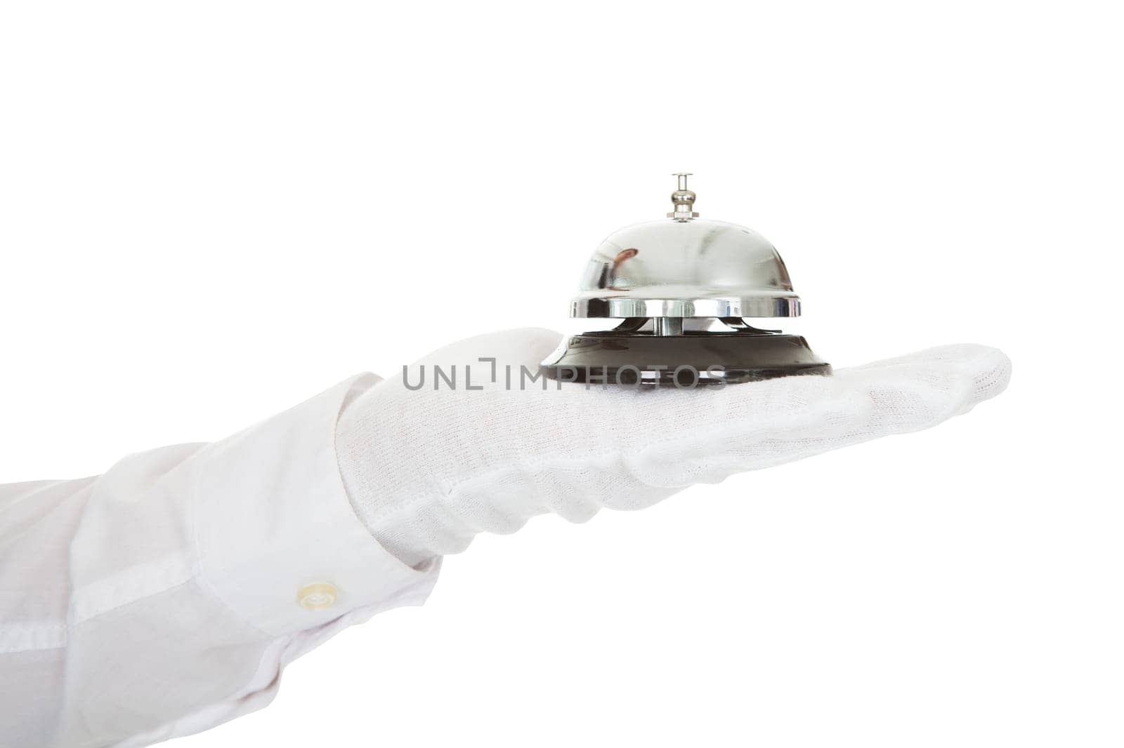 Waiter In White Gloves Holding A Service Bell Isolated Over White Background