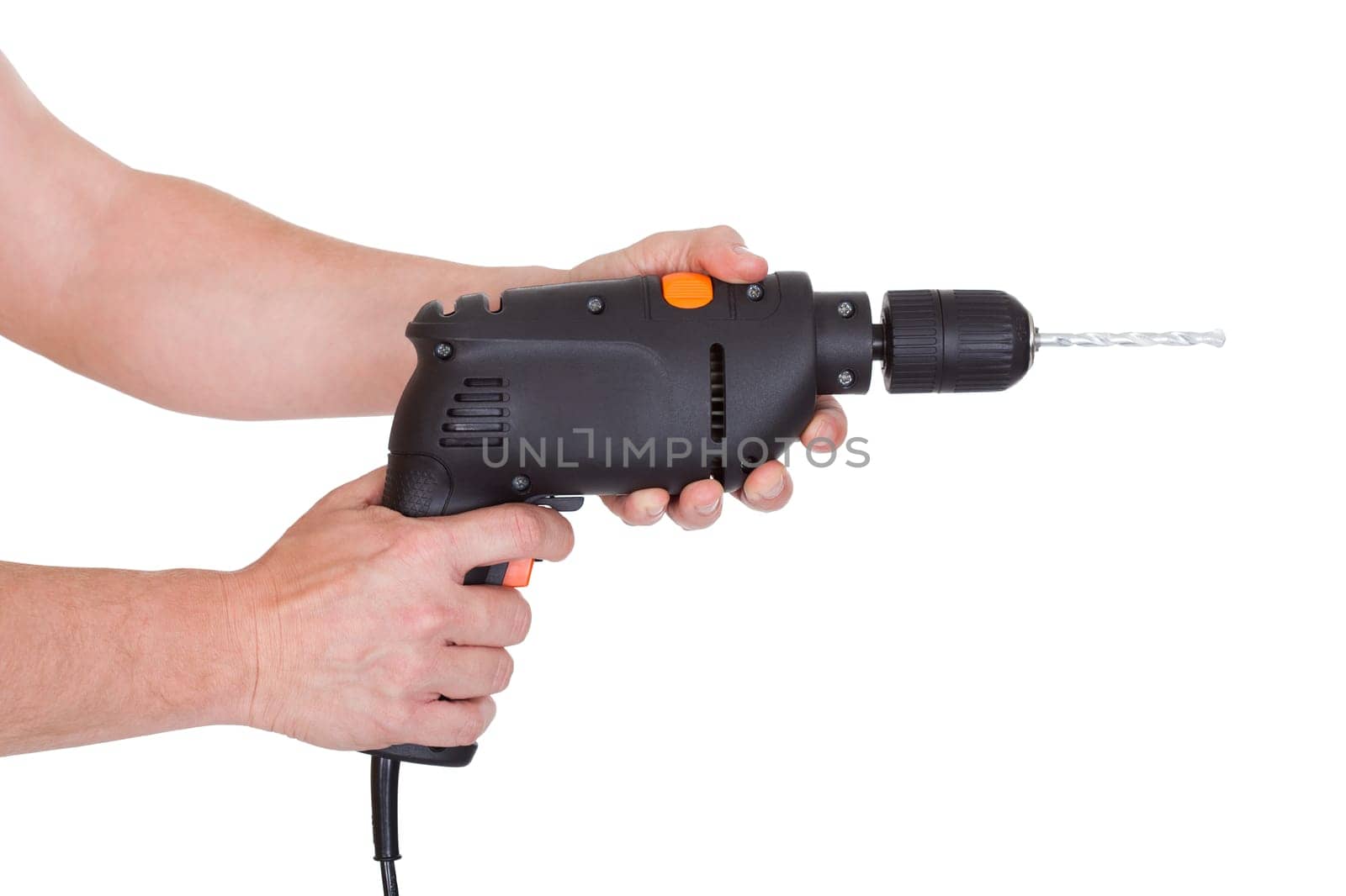 Close-up Of Male Hand Holding Drill Tool Over White Background