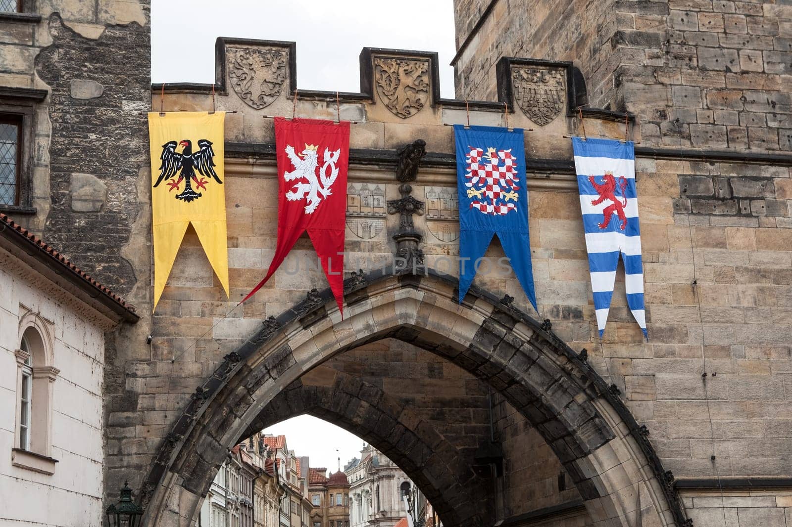 Medieval flags of Old Town bridge tower, Charles bridge, Prague