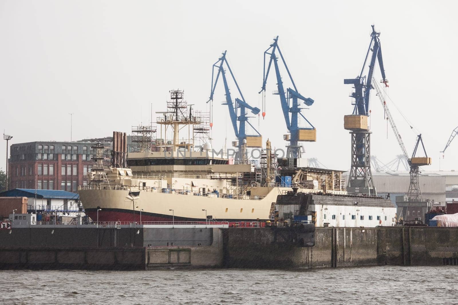 Huge ship in docks at Hamburg Harbor, Germany