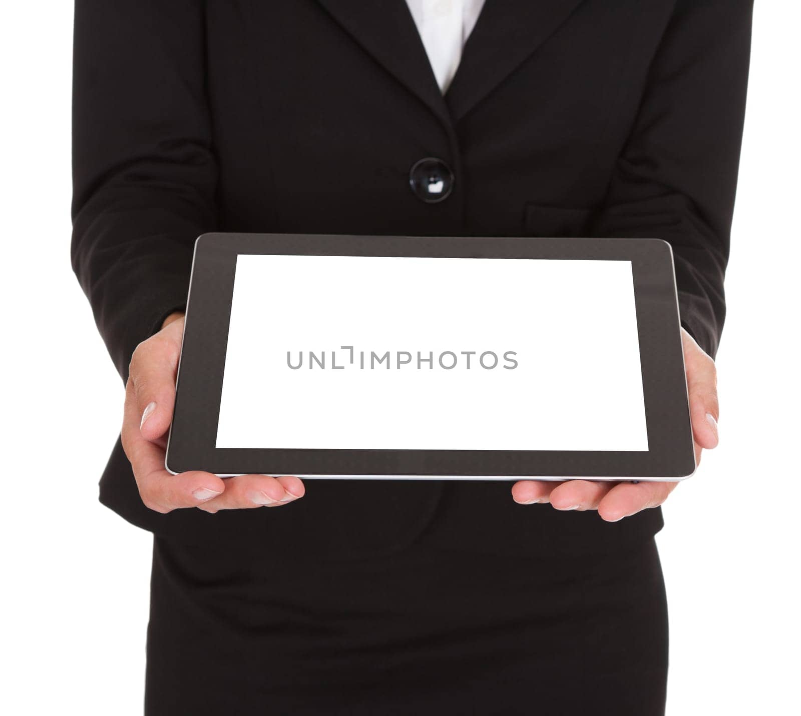 Happy Businesswoman Showing Laptop Over White Background