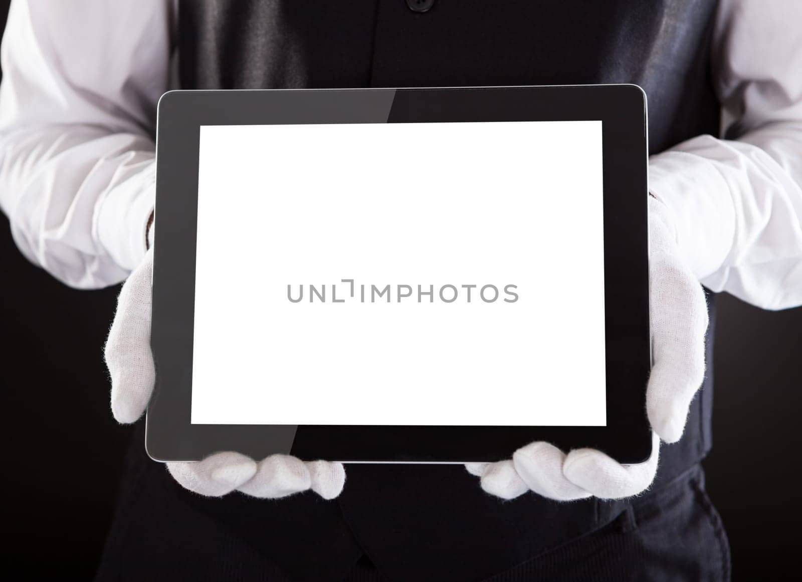 Close-up Of A Waiter Hand Showing Blank Digital Tablet
