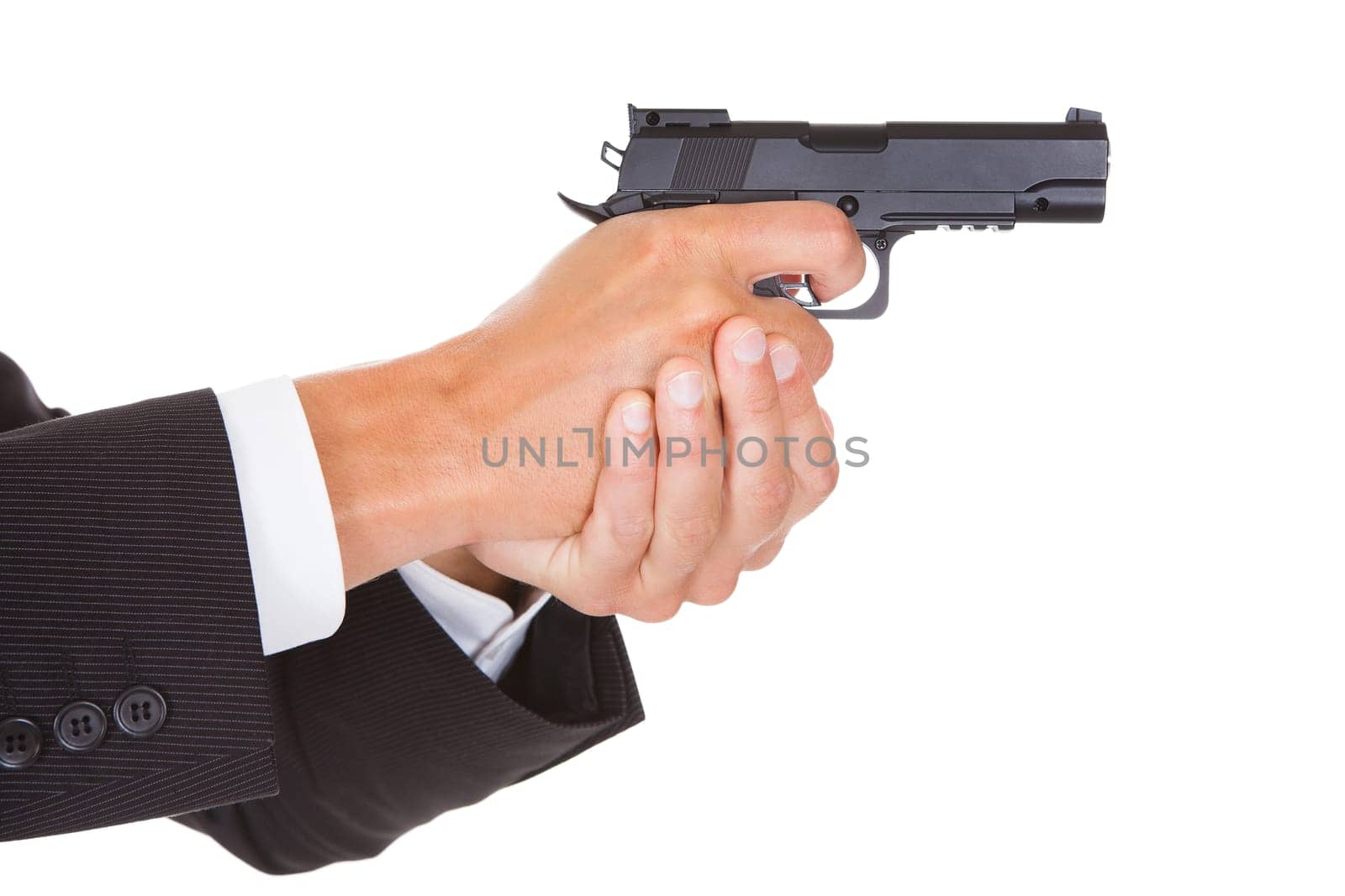 Close-up Of A Male Spy In Suit Holding Handgun
