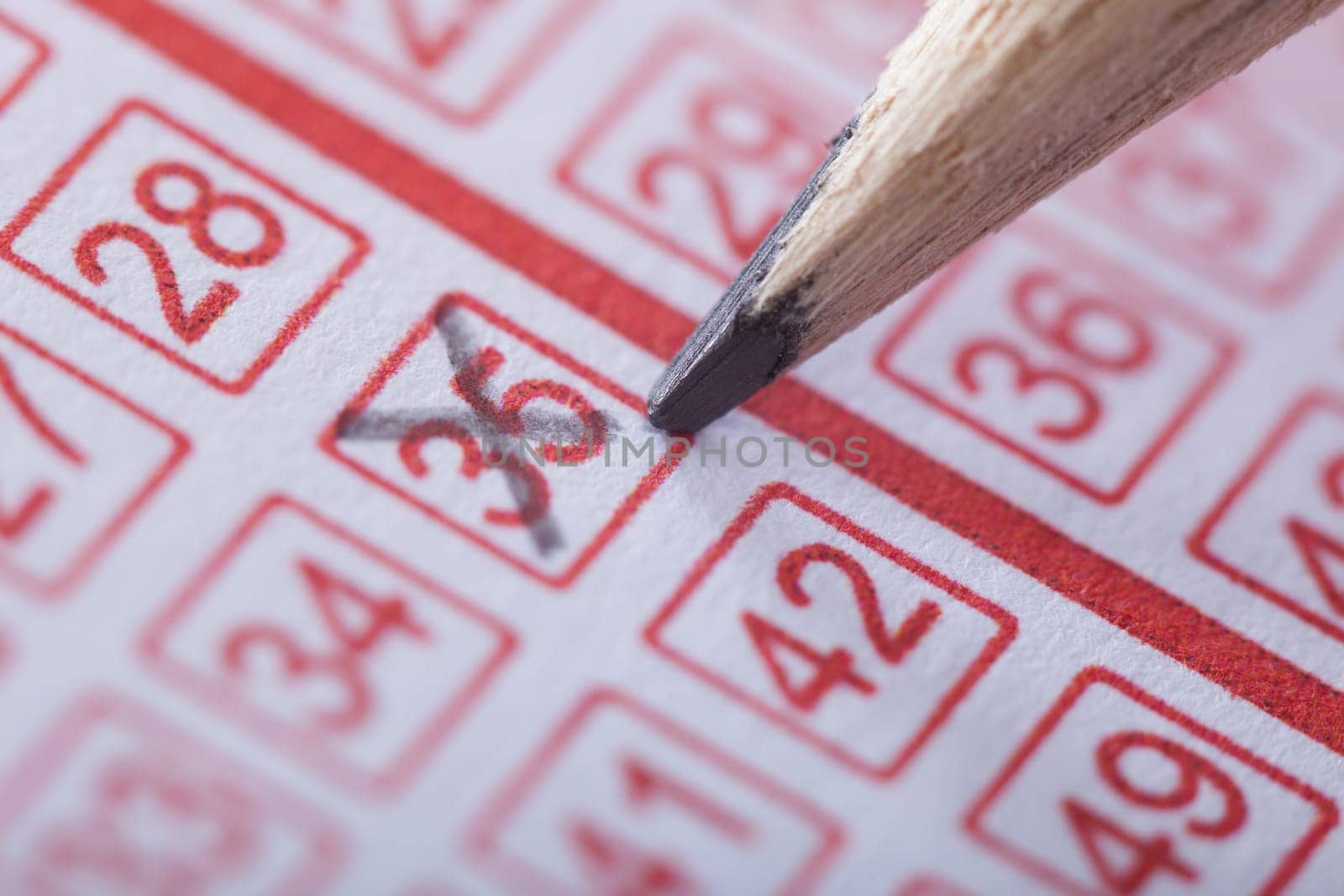 Close-up Of A Person Marking Number On Lottery Ticket With Pencil